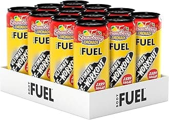 BodyFuel Pre Workout Energy Drink | Sugar Free, 200mg Caffeine, 1000mg Beta Alanine, 2000mg Citrulline, Vitamin B12 & B3 | (Pack of 12 Cans x 330ml) (Strawberry Lemonade)