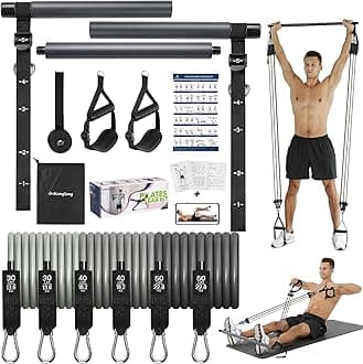 ALongSong Resistance Band Set Men with Handle & At home Pilates Bar Workout Equipment, 6 Exercise Bands 20-240Lbs/30-240LBS/50-360LBS Optional & Door Anchor For Home Gym Fitness Equipment