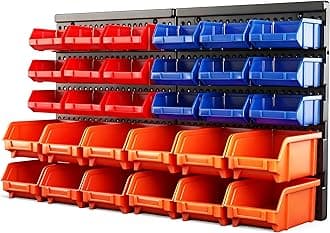 HORUSDY Men's Wall Mounted Storage Bins Parts Rack 30PC Bin Organizer Garage Plastic Shop Tool (Yellow, Blue, Red)