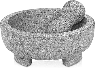Granite Mortar and Pestle Set Guacamole Bowl Molcajete 8 Inch-4 Cup Natural Stone Grinder for Spices, Seasonings, PastesPestos and Guacamole