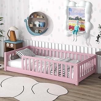 Twin Size Kids Montessori Floor Bed,Twin Floor Bed Frame with Slats,Solid Wood Twin Bed Frame for Girls Boys,Pink