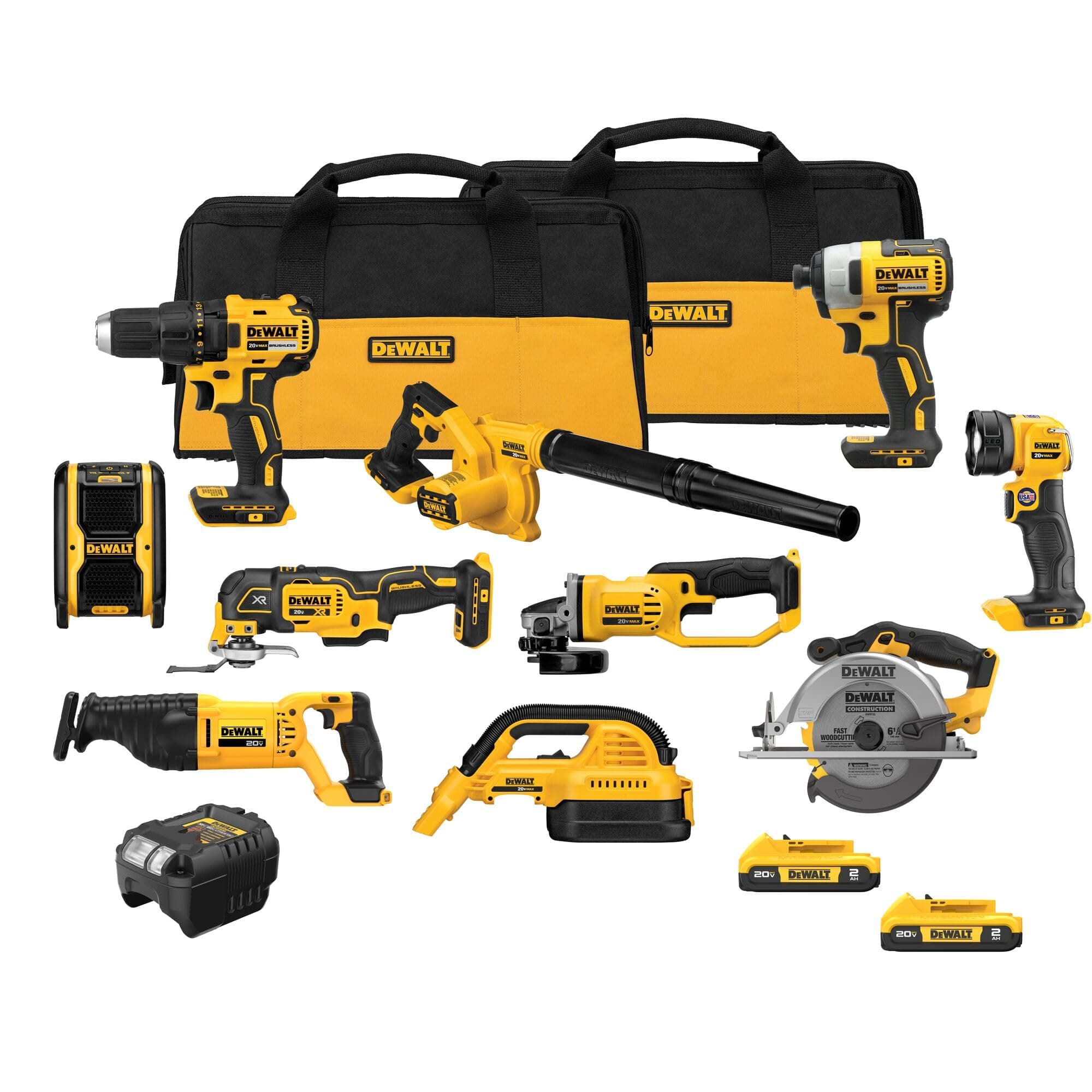 DEWALT 20V MAX Power Tool Combo Kit, 10 Tool Cordless Power Tool Set, 2 Batteries, Charger and 2 Bags Included, Dewalt Brushless Combo Kit (DCK1021D2)
