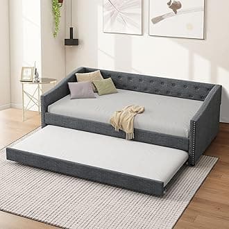 FAVSH Twin Size Upholstered Daybed with Trundle,Tufted Sofa Bed w/Button on B...