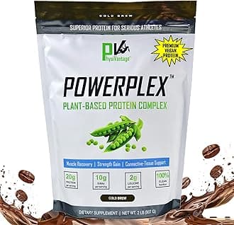 PhysiVantage POWERPLEX Vegan Protein Powder, Collagen Alternative - Organic Plant-Based Pea & Rice Protein, Dairy-Free, Muscle & Joint Support, Monk Fruit Sweetened 2 lb (Cold Brew - Mocha Flavor)