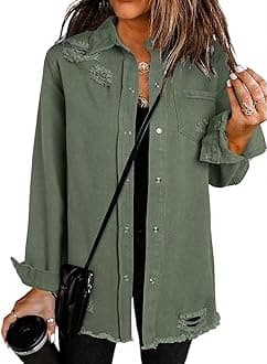 DokotooWomen's Oversized Denim Jacket Casual Long Sleeve Denim Shirts Distresse Jean Jacket Fall Outfits 2025