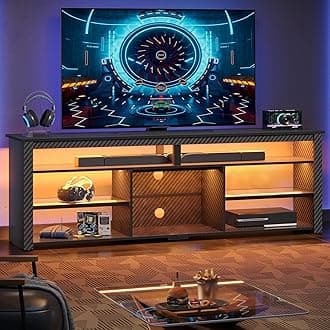Bestier Tall TV Stand for 75 inch TV, LED Entertainment Center, Gaming TV Console with Storage for PS5, Modern TV Cabinet for Bedroom, Living Room, Black Carbon Fiber