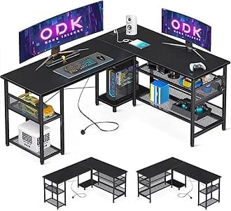 L Shaped Gaming Desk, 150 X 102 cm Reversible Computer Desk with 2 Sockets and 2 USB Charging Ports, Corner Desks with Storage, Gaming Table Carbon Fiber Black
