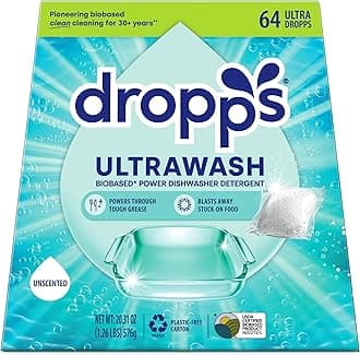 Dropps Dishwasher Detergent Pods: Unscented 64 Count Powers Away Baked On Food No Pre-Wash Powered by Natural Mineral-Based Ingredients Low Waste Packaging