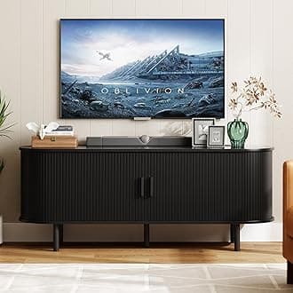 ONBRILL 55" TV Stand with Power Outlet for TVs up to 60 Inch, Entertainment Center with Storage and Adjustable Shelves, Modern Media Console with Sliding Doors for Living Room, Black
