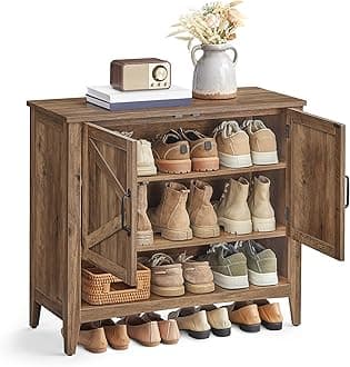 VASAGLE LIRY Collection - Shoe Cabinet, 3-Tier Storage Organizer, Shoe Shelf, Farmhouse Freestanding Cabinet, Height-Adjustable Shelf, 13.8 x 31.5 x 27.6 Inches, Honey Brown ULBC038B01