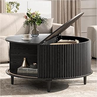 JOINICE,Black Round Coffee Table with Storage, 31.5" Fluted Center Table with Sliding Door, Modern Circle Drum Accent Table for Living Room, Sleek Wood Furniture for Small Spaces & Apartments