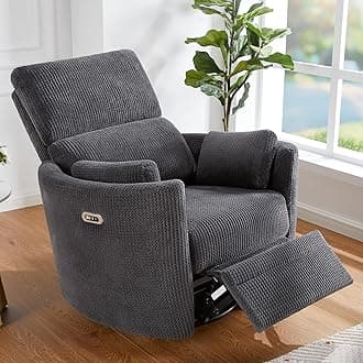 JocislandPower Recliner Nursery Chair for Adults, Swivel Rocking Glider with 4 Massage Points, USB & Type-C Charge, 2 Pillows, Barrel Armchair Single Sofa for Living Room Bedroom, Grey