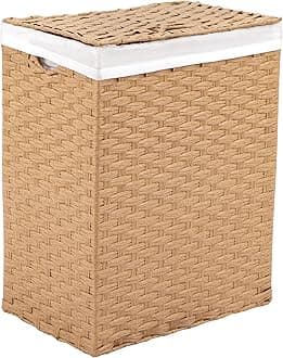 Seville Classics Premium Handwoven Portable Laundry Bin Basket with Carrying Handles, Household Storage for Clothes, Linens, Sheets, Tan, Rectangular Hamper