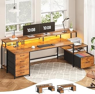 SEDETA Home Office Desk with File Drawer & Power Outlet, 75'' Large Computer Desk with 5 Drawer, Storage Shelves, Monitor Shelf and Led Lights, 23.6" W Desktop Gaming Desk, Rustic Brown