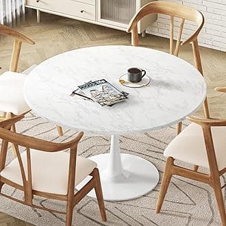 DKLGG White Marble Round Dining Table, 31.5" Tulip Kitchen Dining Table 2-4 People with MDF Top & Pedestal Base, Mid-Century End Table Leisure Coffee Office Living Room Table