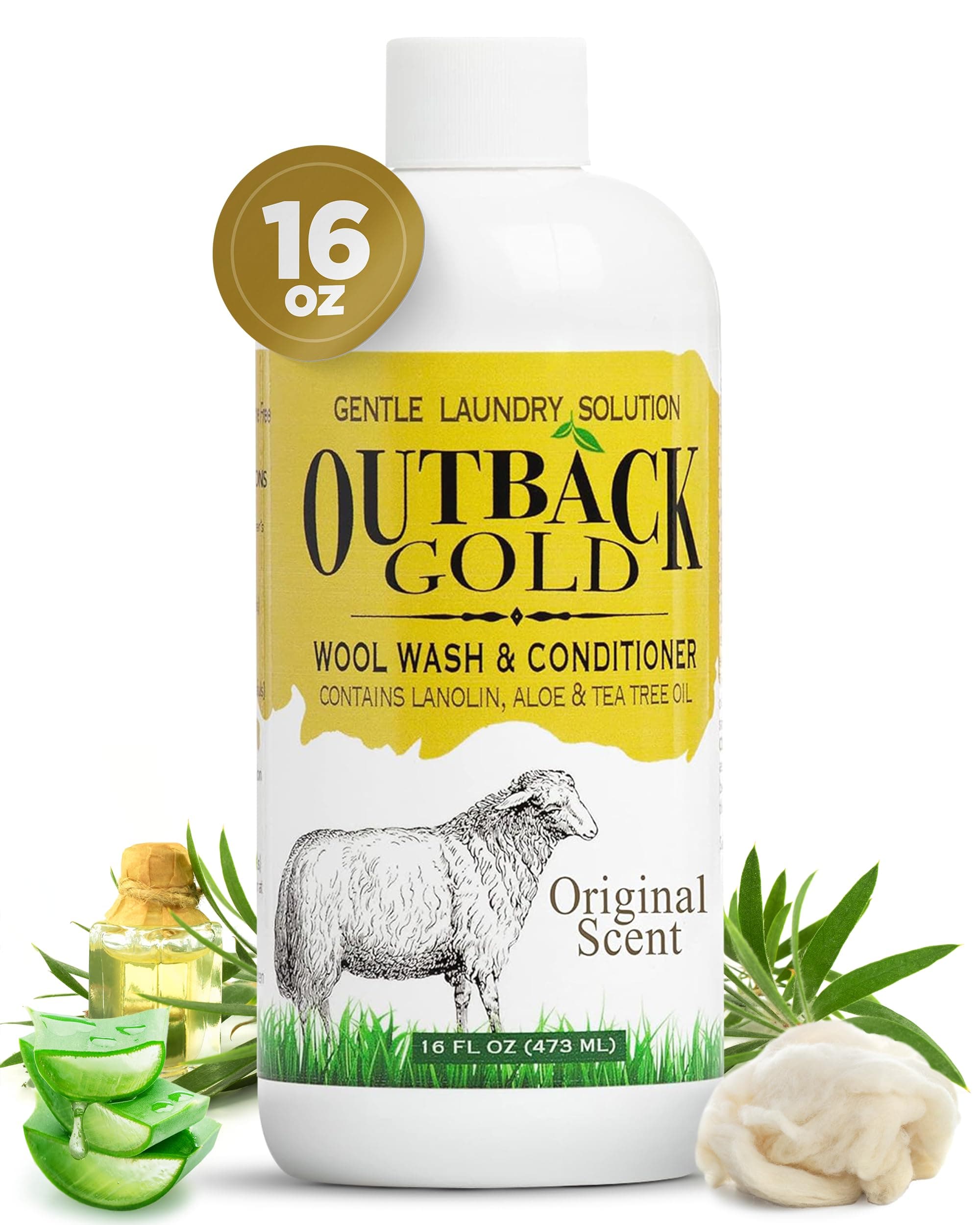 Outback Gold Wool Wash, 16 oz, Original Floral Scent, Plant Based, HE Compatible, Liquid Laundry Detergent, Perfect Soap for Wool, Cashmere, Silk, Sheepskin, Baby Items, Mild, Neutral pH, Made in USA
