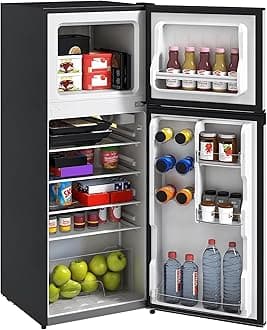 HOMCOM 4 Cu.Ft Mini Fridge with Freezer, Double Door Compact Refrigerator with Adjustable Thermostat, Shelf and Reversible Door for Bedroom, Dorm, Home Office, Energy Efficient, Silver