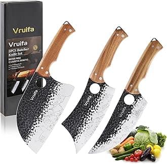 VRUIFA 3 PCS Butcher Knife Set (Serbian, Meat Cleaver, Viking), Hand Forged with Premium Stainless Steel Blades, Ergonomic Wooden Handle Kitchen Knife Set for Home,BBQ, and Camping