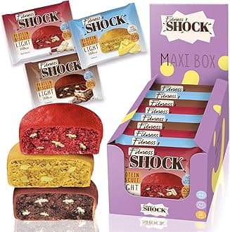 FitnesSHOCK Protein Snack No Added Sugar, 20%/8g Protein, 168 kcal, Pre/Post Workout Treat - No Palm Oil, Filling dietary fibre, Soft Texture, 9x40g - Variety pack: red velvet cake, lemon, tiramisu