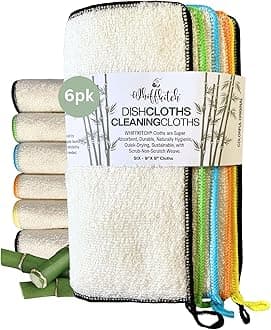 Whiffkitch Bamboo Dishcloths for Kitchen and Multi Surface Cleaning, 9"x9" 6pk Set, Reusable, Washable, Scrub-Non-Scratch, Absorbent, Quick Drying, Eco Friendly Rags, Household Essential Cloths
