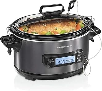 Portable 6-Quart Digital Programmable Slow Cooker With Temp Tracking Temperature Probe to Braise, Sous Vide, Make Fondue & Yogurt, Lid Lock, Black Stainless (33866)