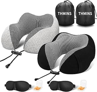 THMINS 2 Pack Travel Pillow,for Sleeping Airplane,Neck Pillow for Travel Accessories,Airplane Travel Kit with 3D Eye Masks,Earplugs,and Luxury Bag,grey+black