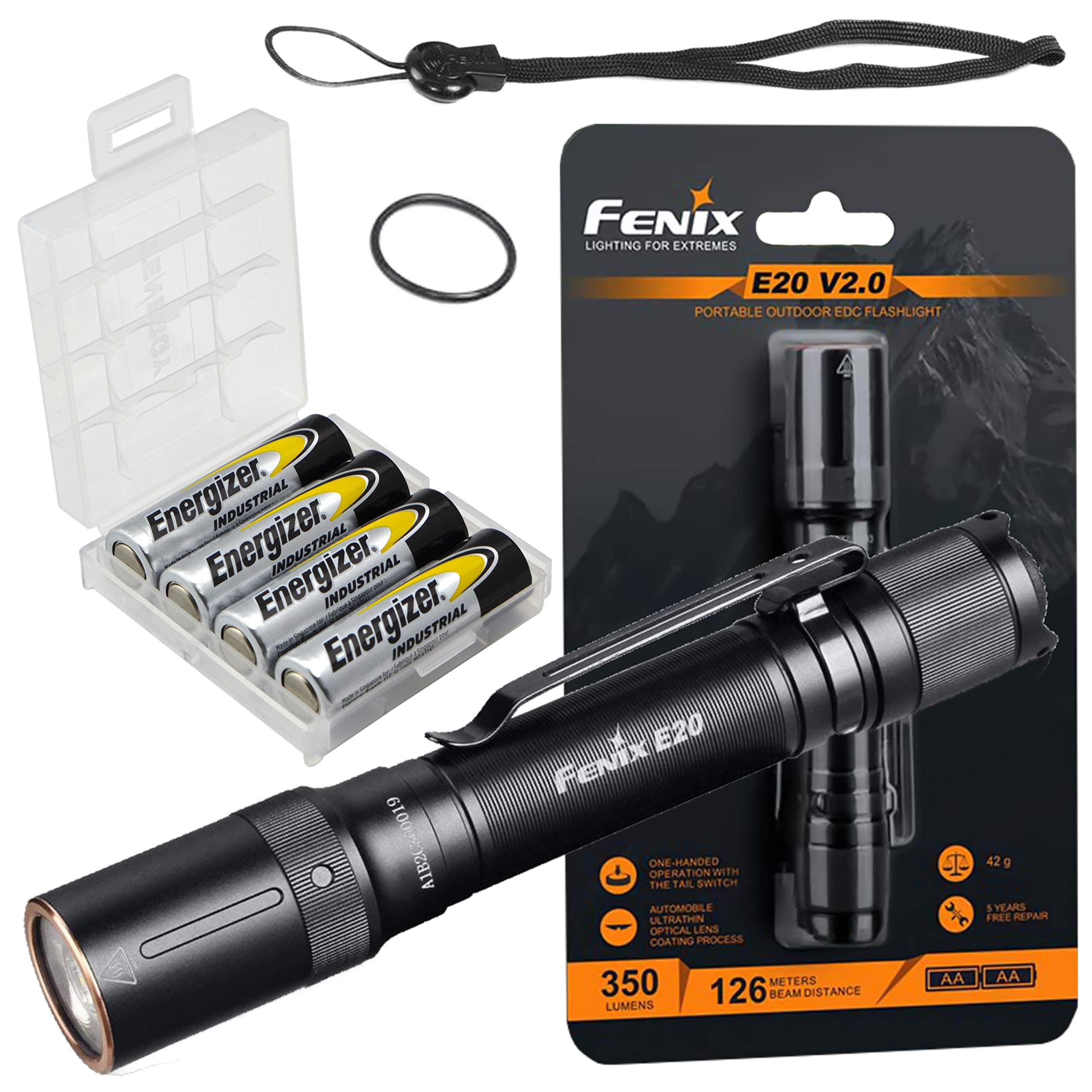 Fenix E20 V2.0 350 Lumens Flashlight with 4 Extra AA Batteries and a Lightjunction Battery Case