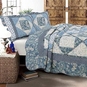 Cozy Line Home Fashions 100% Cotton Real Patchwork Floral Vintage Cottage Reversible Quilt Bedding Set Coverlet Bedspread (Blue Roses, Queen-3 Piece)