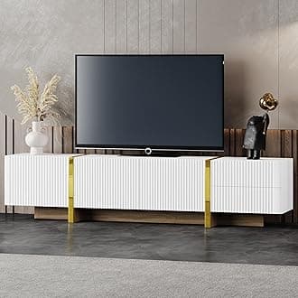 Merax Luxury Fluted TV Stand for Televisions Up to 80'', Modern Entertainment Center with Storage Cabinets & Drawers and Golden Wood Grain Legs, Smooth Media Console, for Living Room, White
