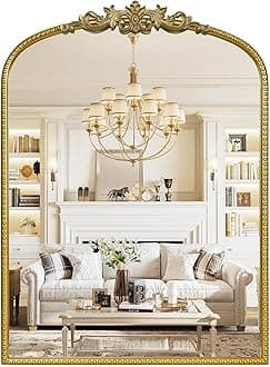 Gold Vintage Mirror for Vanity 22x30 Inch, Gold Antique Mirror with Ornate Frame, Arched Vintage Wall for Bathroom, Living Room, Fireplace, Entryway