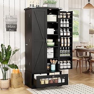 Kitchen Pantry Cabinet, Pantry Storage Cabinet with Adjustable Shelves and Drawer, Kitchen Buffet Cupboards Storage Shelf for Home Office Use (Black, 16" D x 24" W x 55" H)
