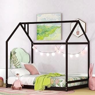 BellemaveKids Montessori Floor Bed,Full Size House Bed with Fence,Wooden Floor Bed for Kids,Full Bed Frame for Girls,Boys(Full,Espresso)