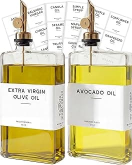 Glass Olive Oil Dispenser Bottle for Kitchen by Brighter Barns - Coffee Syrup Dispenser, Oil and Vinegar Bottle - Modern Kitchen Essentials for Restaurants, Coffee Bar, Airbnb (Clear/Gold, Set of 2)