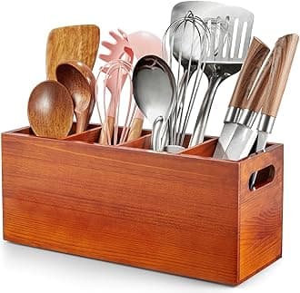 ALELION Large Utensil Holder with Removable Divider - 4 Compartment Wooden Utensil Caddy Organizer for Kitchen Counter - Brown Cooking Utensil Crock for Countertop