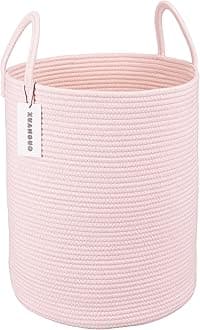 Cotton Rope Laundry Basket Hamper for Girls Kids Baby Nursery Hamper Bin Woven Storage Basket for Living Room Girls room Boho Tall Rope Baskets for Blanket Toys Large light pink