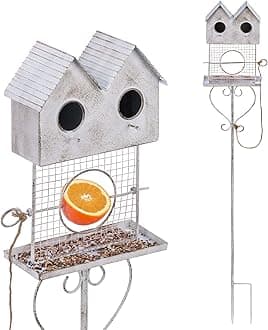 BAYN 47.5” Bird House Feeder Stake Outdoor, Metal Fruit Wild Bird Feeders Double-Hole Birdhouse Stake with Orange Holder Outside Decorations for Patio, Backyard, Yard