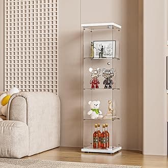 FANYUSHOW Glass Display Cabinet with Door and Lock, Quick-Install Style 4-Shelf Curio Cabinet 5mm Tempered Glass Floor Standing Bookshelf for Living Room, Bedroom, 65" H x 17''L x 14''W (White)
