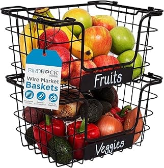 BIRDROCK HOME Stacking Wire Market Baskets with Chalk Label - Set of 2 - Fruit Vegetable Produce Metal Storage Bin for Kitchen Counter - Pantry Cabinet - Bathroom Shelves - Metallic Black