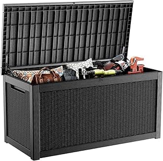 ROJIK Outdoor Storage Housing Deck Box,Waterproof Patio Furniture, Garden Tools, Cushions, Pool Accessories Storage Bench with Lockable Lid and Side Handles (Black,320 Gallon)