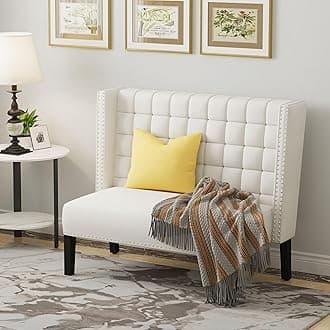 Modern Loveseat Settee Bench Sofa Couch, Upholstered Banquette Dining Bench with Back for Dining Living Room Hallway or Entryway Seating,White