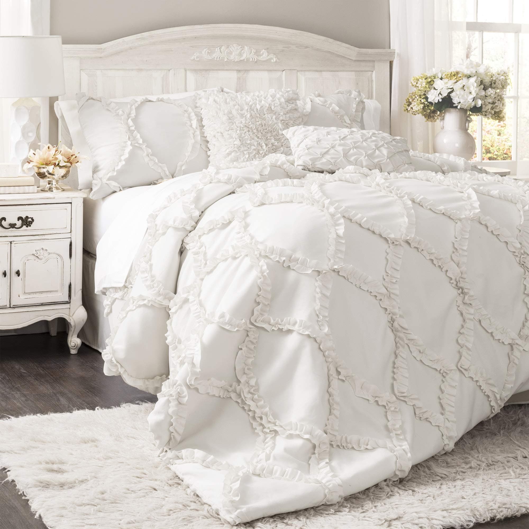 Lush Decor Avon Comforter Set, 3 Piece Set, Full/ Queen, White - White Comforters Queen Size Comforter - Ruffled Bedding Set - Vintage Coquette Decor
