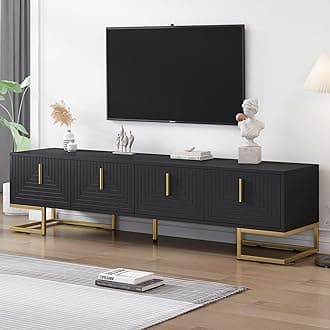 Merax Modern TV Stand with Metal Legs, Gold Handles, Geometric Lines and Adjustable Shelves for TVs Up to 80'', Media Console Table, Luxury Storage Cabinets for Living Room, Black