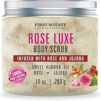 Body Scrub - Natural Exfoliating Salt Scrub & Body and Face Souffle helps with Moisturizing Skin, Acne, Cellulite, Dead Skin Scars, Wrinkles (10 fl oz, Rose)
