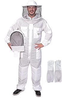 USKEEPERS 3 Layer Bee Suit, Apiarist Ultra Ventilated Beekeeping Suit for Men & Women with Beekeeper Gloves Two Veils, Beekeepers Professional and Beginner Beekeepers. (L), White