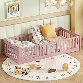 Twin Size Floor Bed with Slats and Fence for Kids, Montessori Floor Bed with Door and Safety Guardrails,Wood Twin Size Floor Bed Frame, Montessori Bed Twin Size for Girls Boys,Pink