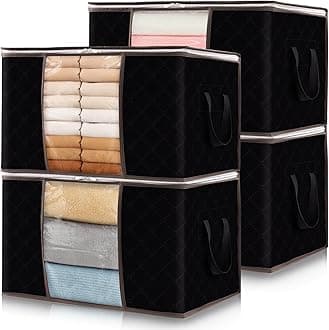 Lifewit 4 Pack Clothes Storage, Foldable Storage and Organization, Storage Bins with Lids, Blanket Storage with Clear Window, Closet Storage with Reinforced Handles for Clothing, Bedding, Black