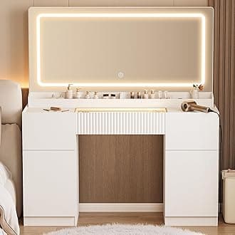 INNOD 44" Vanity Desk with Large Mirror and Lights, Modern Glass Top Makeup Vanity Set with Power Outlet, 3 Drawers and 2 Cabinet, 3 Lighting Color Adjustable Dressing Table for Bedroom,Pure White
