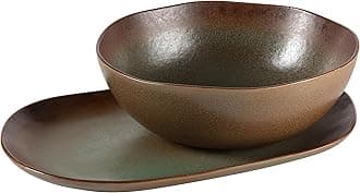 Bloomhouse Palermo Sun 2 Piece Serving Bowl and Oval Platter Stoneware Reactive Glaze Serveware Set - Cardamom Green
