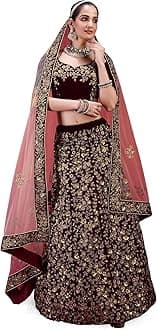 Women's Velvet Embroidery Sequence Work Bridal Lehenga Choli Unstitch Blouse with Dupatta For Women