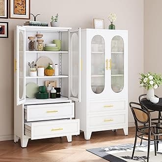 61" Tall Kitchen Pantry Storage Cabinet, White Metal Storage Cabinet with Adjustable Shelves & Glass Doors & Drawers, Food Pantry Cabinets for Kitchen, Bathroom, Dinning Room, Living Room